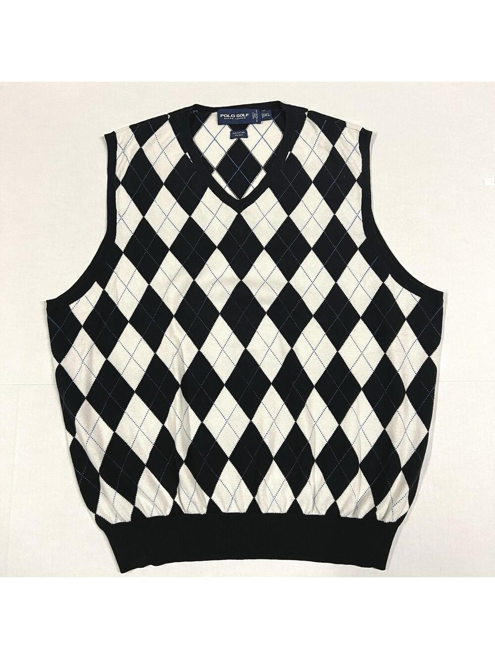 Polo Golf Ralph Lauren Sweater Vest Mens XL Black White Blue Argyle Cotton Silk